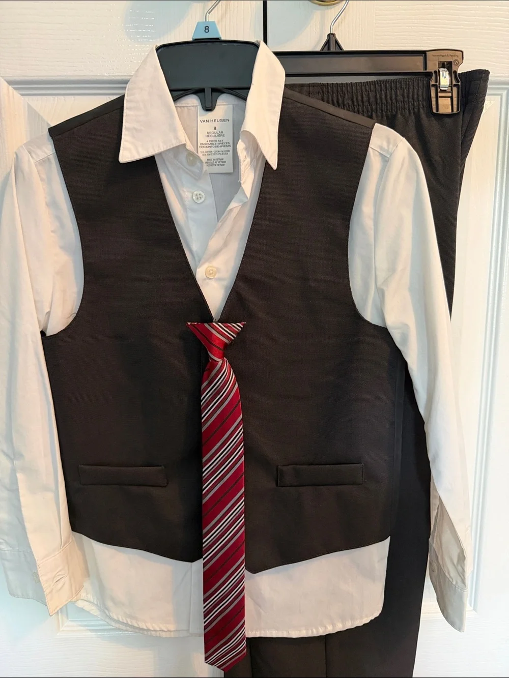 Van Heusen Black Vest and Pants Set with White Shirt and Red Striped Tie